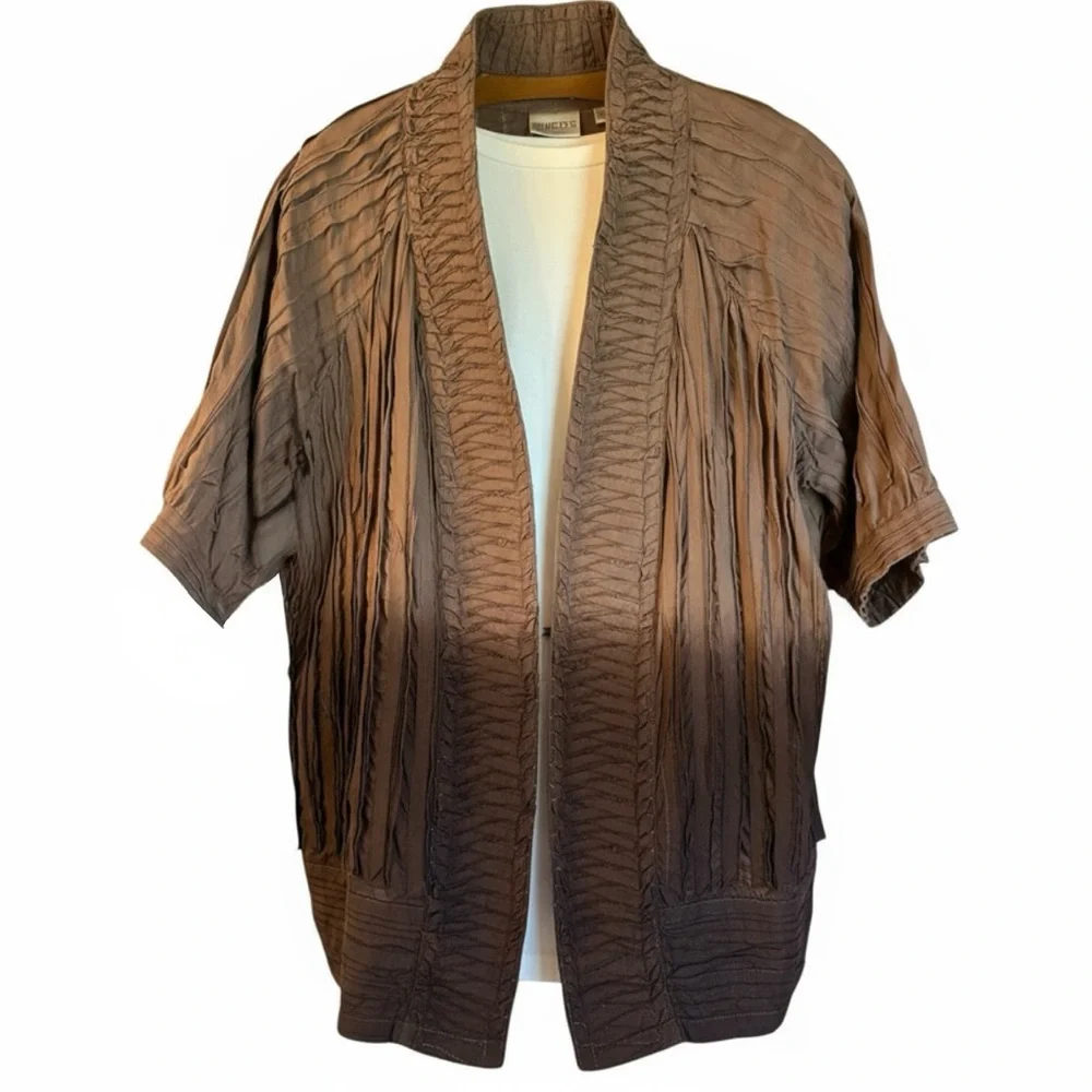 Chico’s Ombre Chocolate Brown Woven Ribbon Elbow Length Sleeve Open Jacket Top